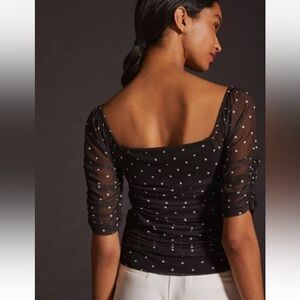 Anthropologie Women's Shirred Stretchy Mesh Black Top w/White Polka Dots Size M